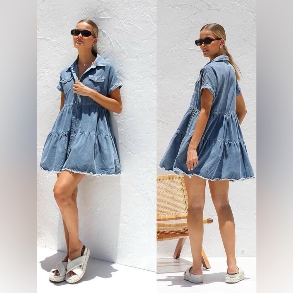 FRAYED HEM with light distressing COLLARED DENIM MINI DRESS